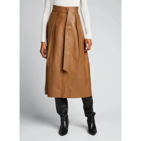 Vince Midi Skirt Tan Belted Lamb Leather A-line High Waist Luxe Minimalist Sz 10